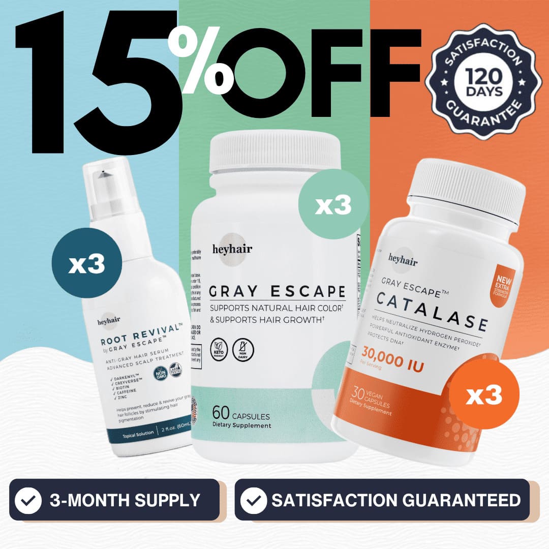 A promotional image featuring three bottles of hair supplement products labeled Gray Escape, Root Revival, and Catalase CORE 30,000, indicating a 3-month supply with a discount and satisfaction guarantee.