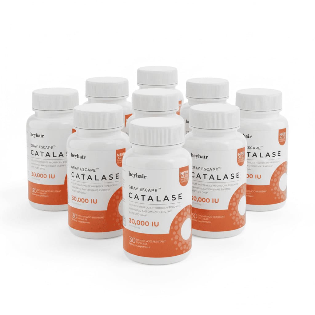 Multiple bottles of Gray Hair Escape Catalase supplement on a white background