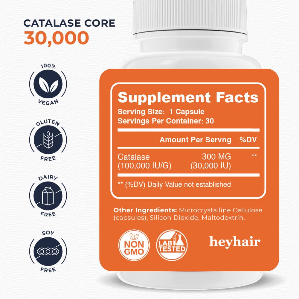 Three bottles of heyhair Gray Escape Catalase dietary supplement with labels and supplement facts visible.