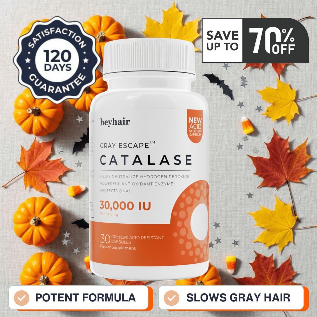 Three bottles of heyhair Gray Escape Catalase dietary supplement with labels and supplement facts visible.