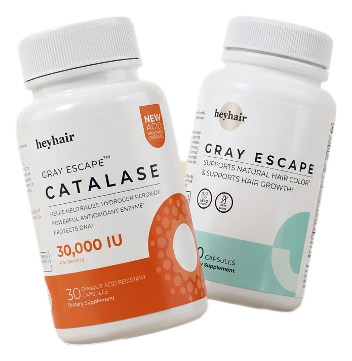 ESCAPE YOUR GRAY™ CORE - Gray Escape™ Catalase 30,000 and Gray Escape™ supplement bottles